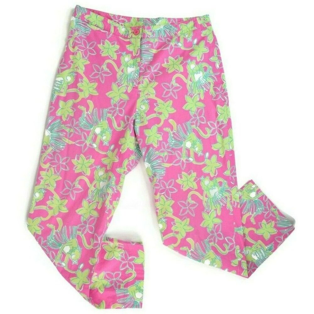 Lilly Pulitzer Capri Crop Pant Sz 6 Rock A Hula Monkey Pattern Pink Green Floral